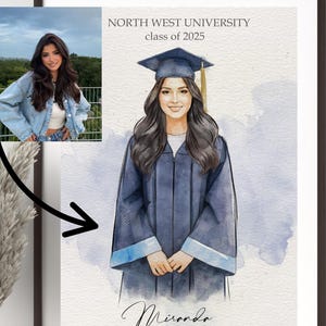 May include: Framed watercolor illustration of a graduate in a blue cap and gown, with the text "NORTH WEST UNIVERSITY class of 2025" and the name "Miranda." An inset photo shows a woman in a denim jacket.