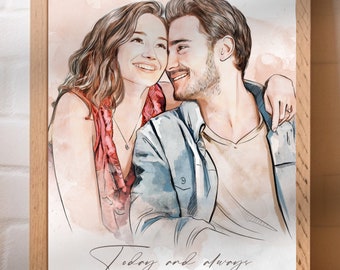 Cadeau personnalisé pour la Saint-Valentin, portrait personnalisé, cadeau de fiançailles, cadeau pour lui, portrait personnalisé à l'aquarelle, cadeau de mariage, cadeau personnalisé elle