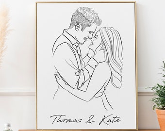 Line art custom portrait, watercolor painting, Gift for couple, Engagement gift, Family custom art, Personalized gift, Anniversary gifts