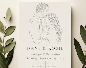 Elegant wedding invitation, Line art portrait couple, Custom wedding invitation, Printable digital invitation, minimalistic wedding