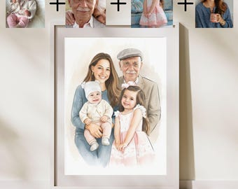 Könnte beinhalten: Ein gerahmtes Porträt im Aquarellstil, das eine vierköpfige Familie zeigt, darunter ein Baby mit weißer Mütze, ein junges Mädchen im rosa Kleid, eine Frau und ein älterer Mann mit Schiebermütze, mit dem Text combine your photos unten.
