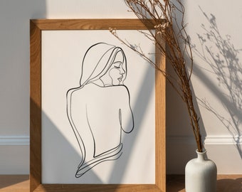 Décoration minimaliste pour la maison, Dessin d’art au trait, Art mural imprimé nu, Impression femme, Art mural imprimable en ligne continue
