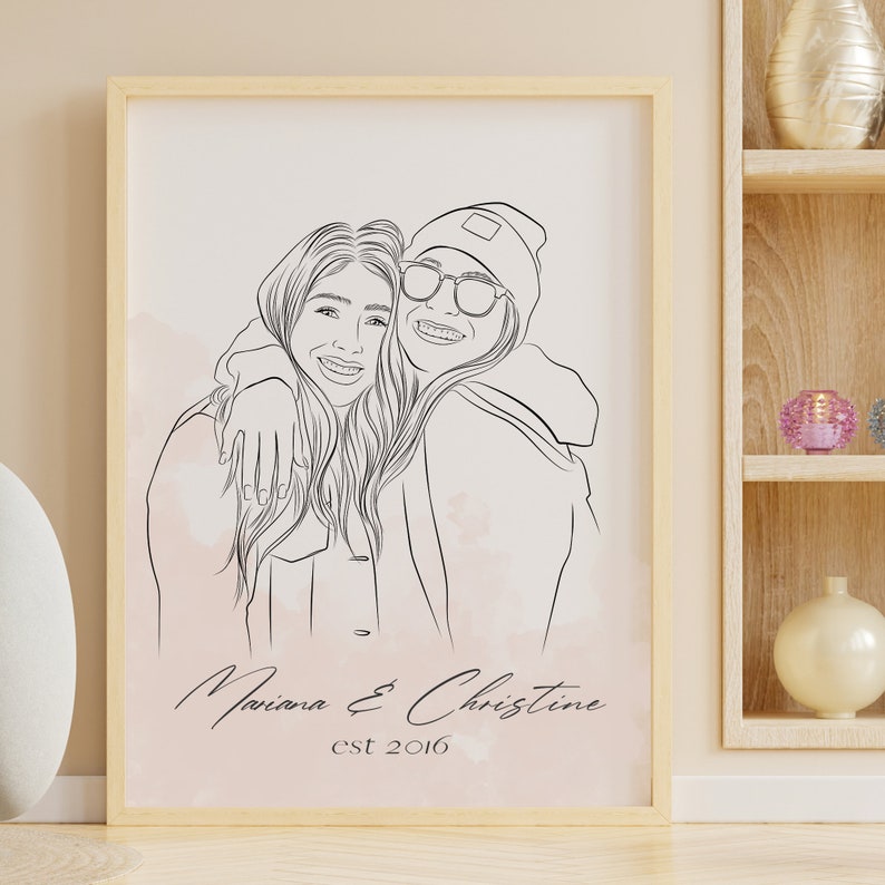 Best friend print gift, Best friends portrait, Sister gift, Birthday gift, Best friend gift, Personalized gift for best friend, Line art image 1