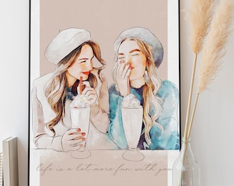 May include: A framed watercolor-style illustration of two individuals wearing berets, each holding a milkshake with whipped cream and sprinkles. The text "Life is a lot more fun with you" is written in cursive script at the bottom of the artwork.