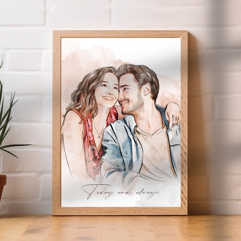 Custom Valentine gift, Custom portrait, Engagement gift, Gift for him, Personalized watercolor portrait, Wedding gift, Personalized gift her image 1