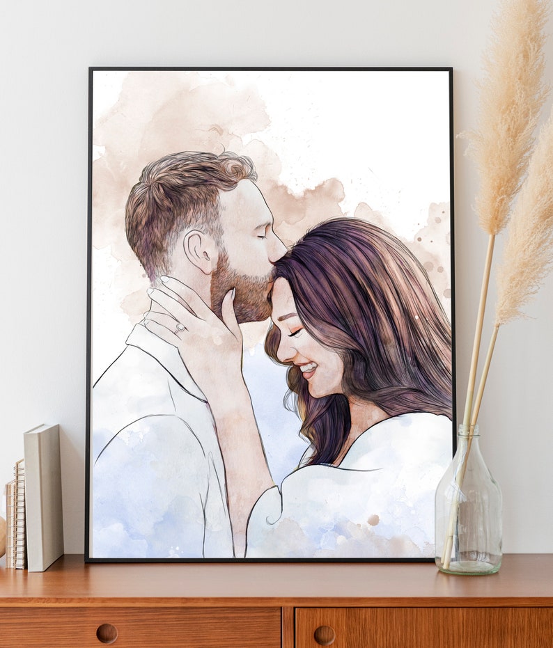 Custom Valentine gift, Custom portrait, Engagement gift, Gift for him, Personalized watercolor portrait, Wedding gift, Personalized gift her image 3