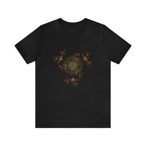 May include: Black t-shirt with a colorful, abstract, fractal design in shades of brown, green, and blue.