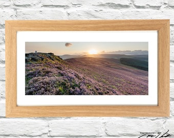 Framed print of a summer sunset on Win Hill during peak heather season, Peak District, Derbyshire - Panoramic Photo Wall Art and Decor