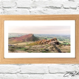 Framed print of a summer sunrise and Heather on Hen Cloud, the Roaches, Peak District, Staffordshire - Panoramic Photo Wall Art and Decor