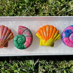 May include: A set of six colorful, glittery seashell-shaped crayons in a white box. The crayons are arranged in a row, with the colors ranging from yellow to blue to green.