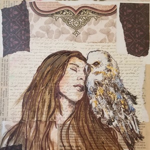 Mixed Media Original Painting Woman & Owl Collage Art