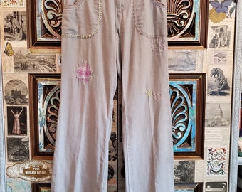 Hand Embroidered Linen Pants Size 0 Cottagecore Farmhouse