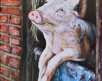 May include: A close-up of a pink pig with its head turned to the side, looking at something off-screen. The pig is standing in a wooden stall with a blue painted door. The pig is eating hay or straw.