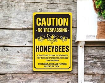 Vintage Metal Sign | Caution No Trespassing Honeybees Warning Metal Poster | Bee Entryway Garden Yard Fence Wall Decor Plaque 12 x 8 inches