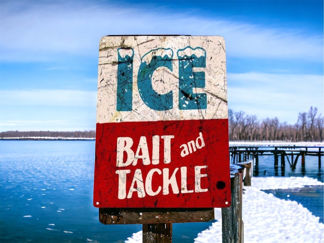 Vintage Metal Sign Ice, Bait and Tackle Vintage Tin Plaque Fishing
