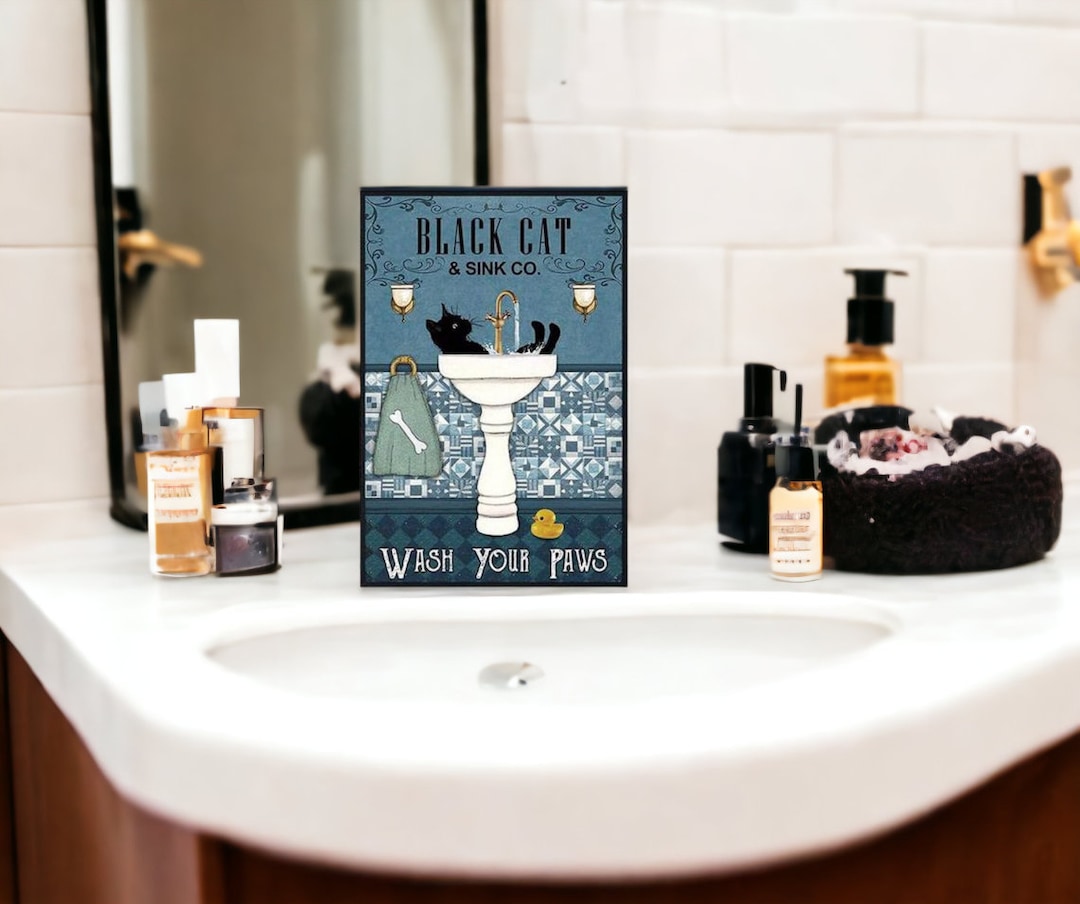 Vintage Tin Sign Black Cat & Sink Co Wash Your Paws Funny Metal Poster ...
