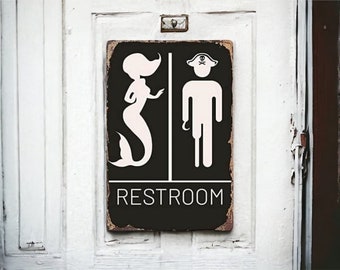 Retro Tin Sign | Restroom Vintage Mermaid Pirate Metal Poster | Vintage Nautical Ship Decor Toilet Bathroom Restroom Metal Sign 8x12 inches