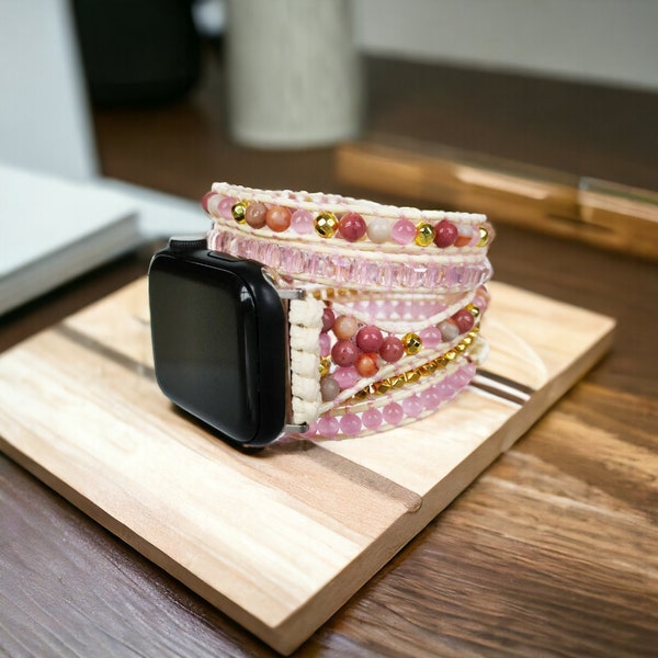 Bracelet de montre en pierre naturelle Boho Rose | Bracelet en perles pour Apple Watch 38/41 mm 42/45 mm | Bracelet bohème de luxe