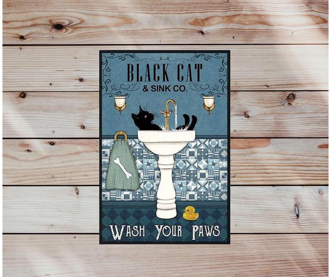 Vintage Tin Sign Black Cat & Sink Co Wash Your Paws Funny - Etsy