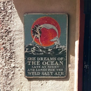 Vintage Tin Sign | Mermaid Sign | She Dreams of The Ocean Mermaid Mermaid Lover | Bedroom Signs | Metal Mermaid Lovers Wall Decor 8x12inches