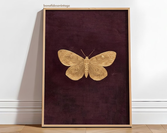 Antique Burgundy Gold Butterfly Print | Vintage Victorian Moth Wall Art Printable | Dark Academia Insect Decor, CottageCore Digital Download