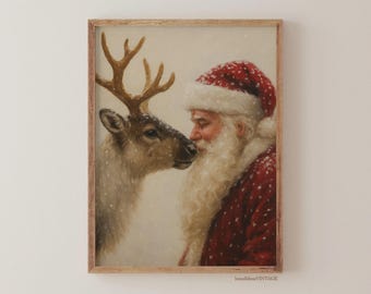 Santa and Reindeer Printable Wall Art Christmas Holiday Decor Download Vintage Santa Claus Art Festive Winter Wall Print Classic Holiday