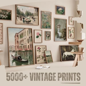 May include: A wall gallery featuring a variety of vintage prints in various styles and colors, including landscapes, portraits, and botanical illustrations. The prints are framed in simple, wooden frames and arranged in a visually appealing pattern. The text "5000+ VINTAGE PRINTS" is displayed at the bottom of the image.