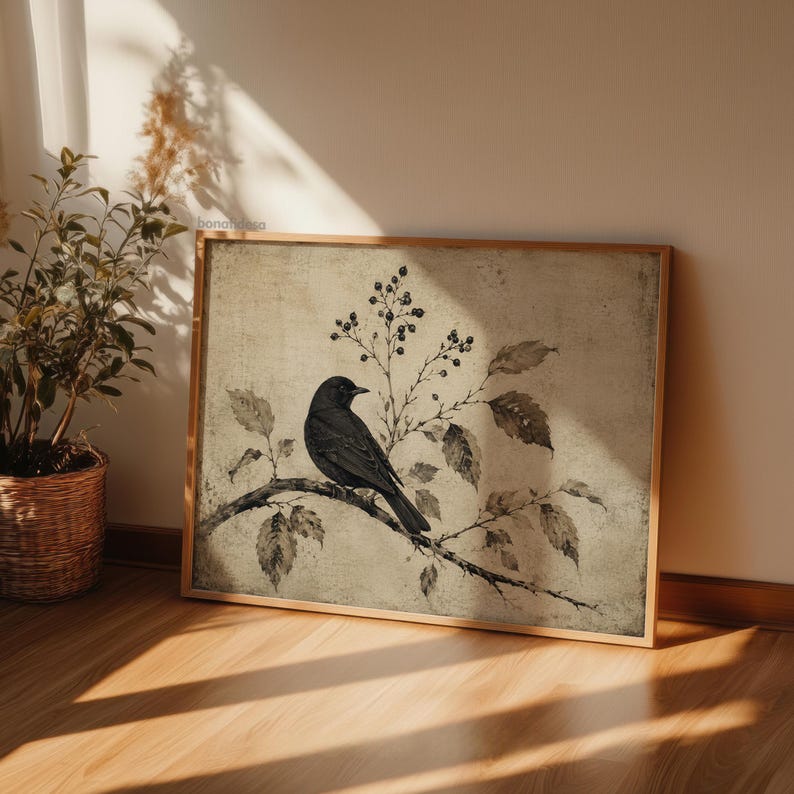 Art minimaliste d'oiseaux, impression botanique neutre, décoration de style campagne française, art numérique à imprimer image 4