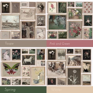 May include: A collage of framed artwork with different themes, including nature, dance, and still life. The frames are all in a similar style, with a light wood finish. The artwork is arranged in a grid pattern, with each frame having a different image. The themes of the artwork are labeled at the bottom of the collage: "Taupe", "Pink and Green", "Spring", and "Winter".