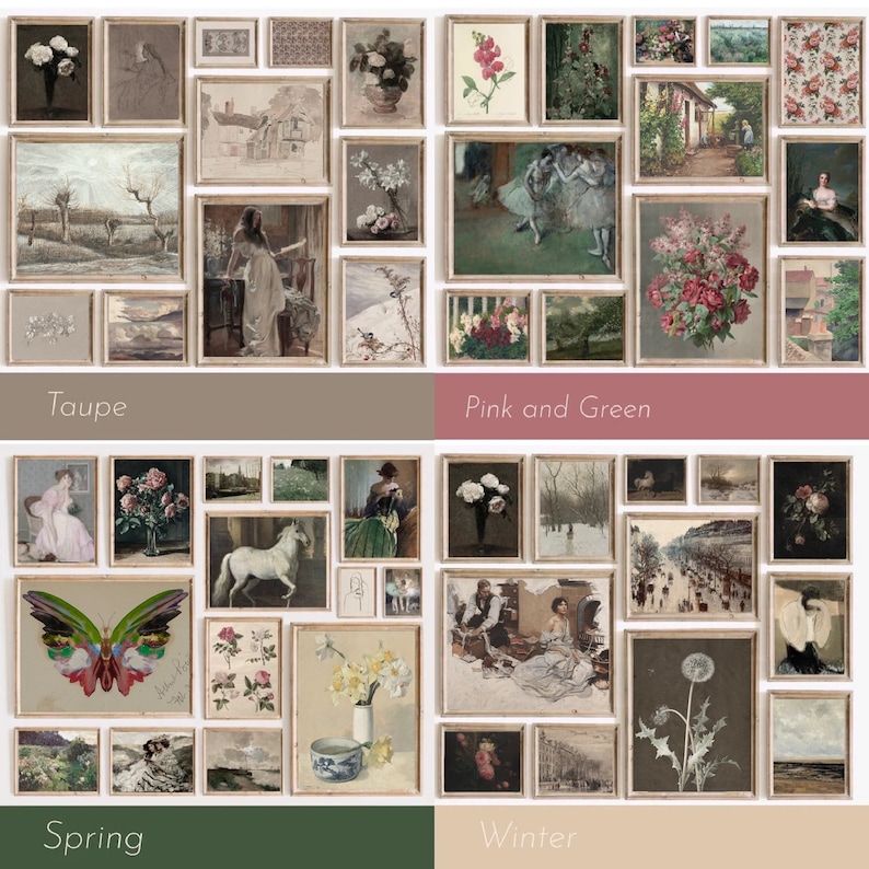 May include: A collage of framed artwork with different themes, including nature, dance, and still life. The frames are all in a similar style, with a light wood finish. The artwork is arranged in a grid pattern, with each frame having a different image. The themes of the artwork are labeled at the bottom of the collage: "Taupe", "Pink and Green", "Spring", and "Winter".