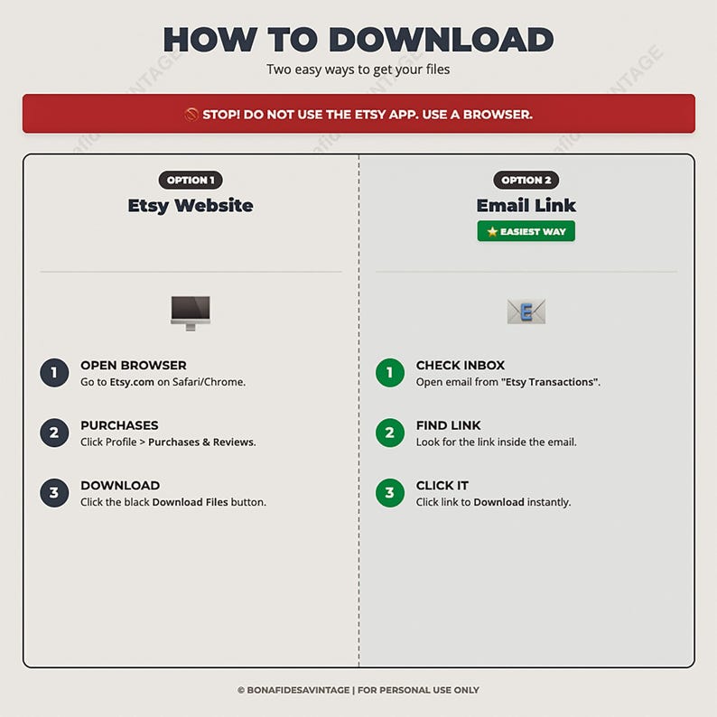 May include: An instructional graphic titled HOW TO DOWNLOAD with two options for accessing files. Option 1 details using the Etsy website via a browser. Option 2 explains using an email link. A red banner warns not to use the Etsy app for downloads.