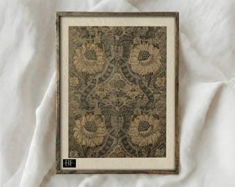 May include: Framed vintage floral print featuring large, stylized sunflowers in shades of beige and brown against a dark background. The artwork is enclosed in a rectangular, light-brown wooden frame, adding a touch of antique charm to the piece.