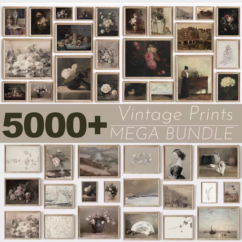 May include: A collage of over 5,000 vintage prints in various styles and colors, including floral, landscape, and portrait designs. The prints are displayed in a grid pattern with a white background.