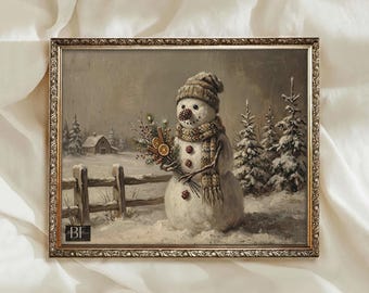 Cuadro decorativo vintage de muñeco de nieve, pintura rústica de paisaje invernal, lámina de decoración navideña antigua, lámina navideña de estilo rústico para imprimir, descarga digital.