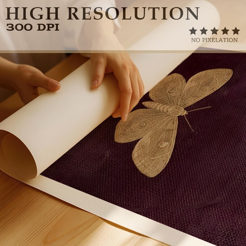 May include: A rolled-up white print with the text "HIGH RESOLUTION 300 DPI" and a detailed illustration of a moth on a dark purple textured surface. The print is being unrolled, revealing the artwork.