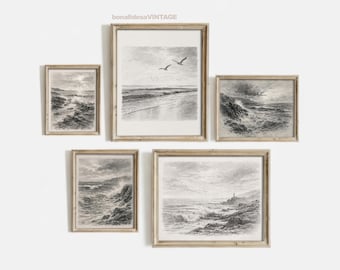 Set of 5 Vintage Seascape Drawing Set: Charcoal Beach Sketch (Digital Download)