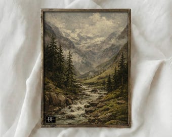 Vintage Mountain Landscape Painting: Rustic Cabin Wall Art (Digital Printable)