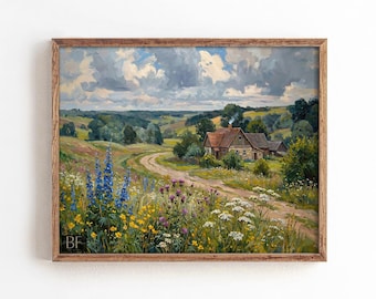 田園川のプリント – 野花の草原の風景画 – 素朴な自然の壁装飾 – デジタルダウンロード