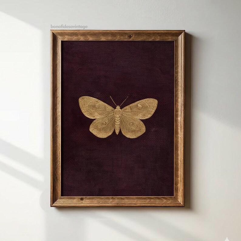 May include: A framed print featuring a gold-colored butterfly illustration centered on a dark burgundy background. The butterfly is detailed with intricate wing patterns. The frame is made of wood. The text "bonofidesavintage" is in the top left corner.