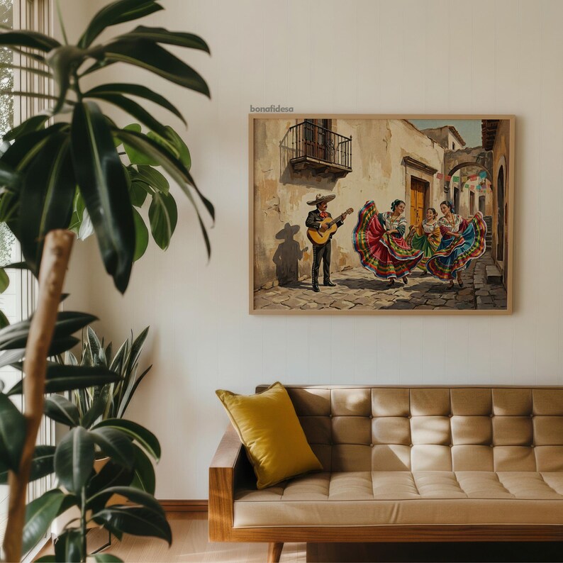 May include: A framed wall art print featuring a painting of a musician playing a guitar and three dancers in colorful, multi-layered skirts performing on a cobblestone street. The text 'bonafidesa' is printed in the upper left corner of the print.