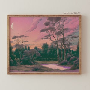 May include: A framed print of a landscape painting with a pink and purple sky, a crescent moon, and a small lake in the foreground. The trees are silhouetted against the sky.