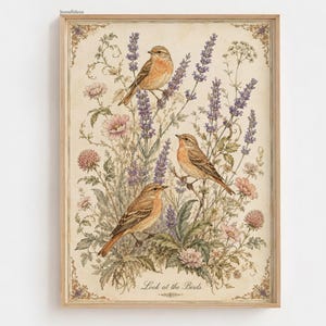 May include: A rectangular wall art print in a light wood frame featuring three brown birds perched among purple lavender and pink wildflowers on a cream background. The text "Look at the Birds" is printed in a cursive script at the bottom center.