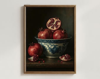 Vintage Pomegranate Still Life Print, Fall Red Fruit Painting Printable Wall Art, Rustic Farmhouse Autumn Kitchen Decor, Digital Download