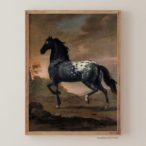 Peinture d&#39;art murale cheval noir antique - paysage rustique sombre et maussade vintage ferme oeuvre d&#39;art imprimable peinture à l&#39;huile