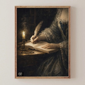 Peut inclure: Impression d'art vintage encadrée représentant une personne écrivant dans un livre avec une plume. Une bougie allumée et des lunettes sont sur la table. La personne porte une robe bleue et grise avec une garniture en dentelle. L'œuvre a une esthétique sombre et atmosphérique.