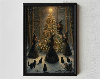 Witchy Christmas Tree Wall Art Poster, Winter Forest Witches Christmas Tree Poster, Cozy Gothic Holiday Home Decor