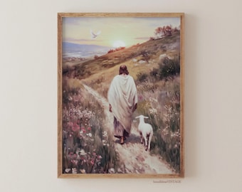 Good Shepherd Jesus Print, Vintage Christian Printable Wall Art, Cottagecore Church Decor, Lamb Painting, Jesus Leaving The 99Bible Verse
