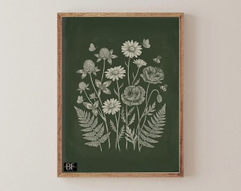 Floral Wall Art Print | Dark Green Botanical Decor | Cottagecore Rustic Flower Artwork | Digital Download
