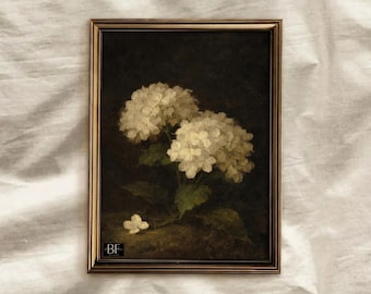 Hydrangea Painting, Vintage Flower Print, Dark Moody Antique Botanical Art Digital PRINTABLE