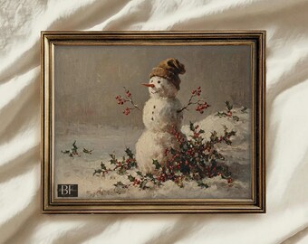 Cuadro decorativo vintage de muñeco de nieve, pintura rústica de paisaje invernal, lámina de decoración navideña antigua, lámina navideña de estilo rústico para imprimir, descarga digital.